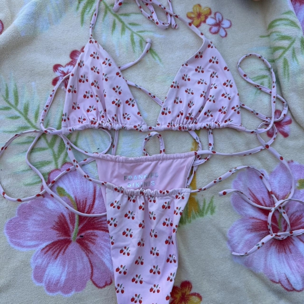 Frankie's Bikinis Multi Strawberry Leaves String Ties Triangle Bikini Set